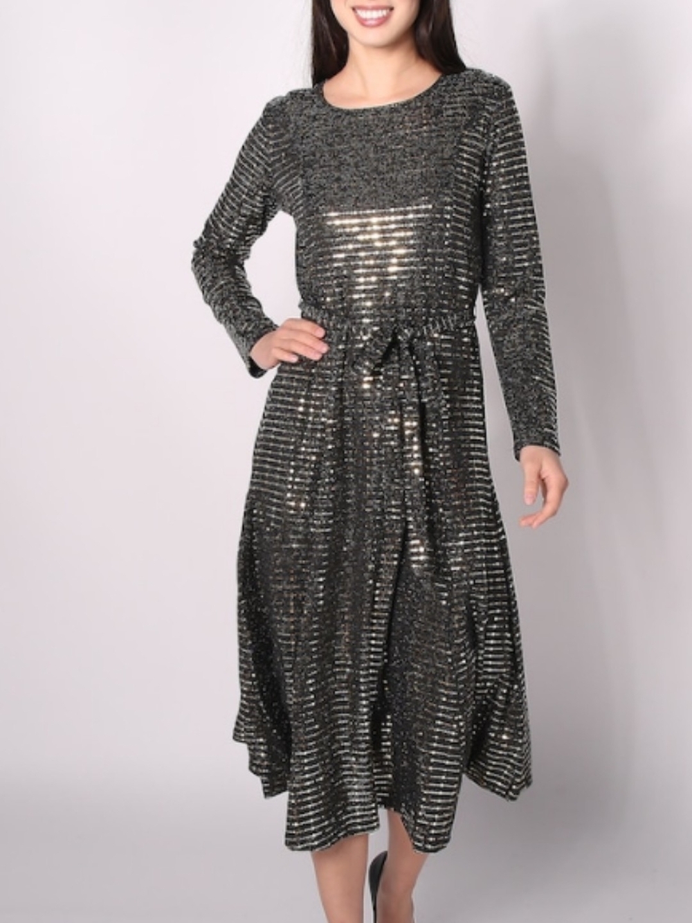 Nina Leonard Black Metallic Sequin Long-Sleeve Midi Dress